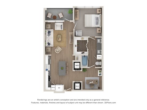 A floor plan of a house with a kitchen, living room, dining room, and bathrooms.